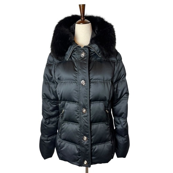 Coach Puffer Jacket Women Large Black Fur Hood Down Quilted Luxury Preppy - Picture 2 of 13